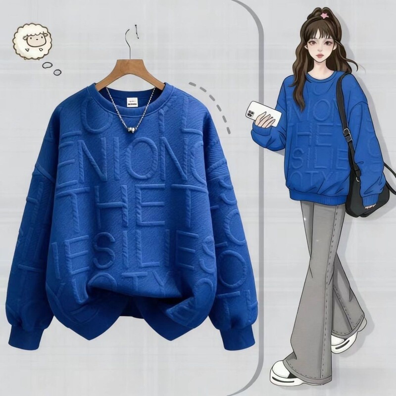 Spring and autumn long-sleeved sweatshirt for women, loose and casual, round neck, American style, pullover, letter print, couple's style, no hood