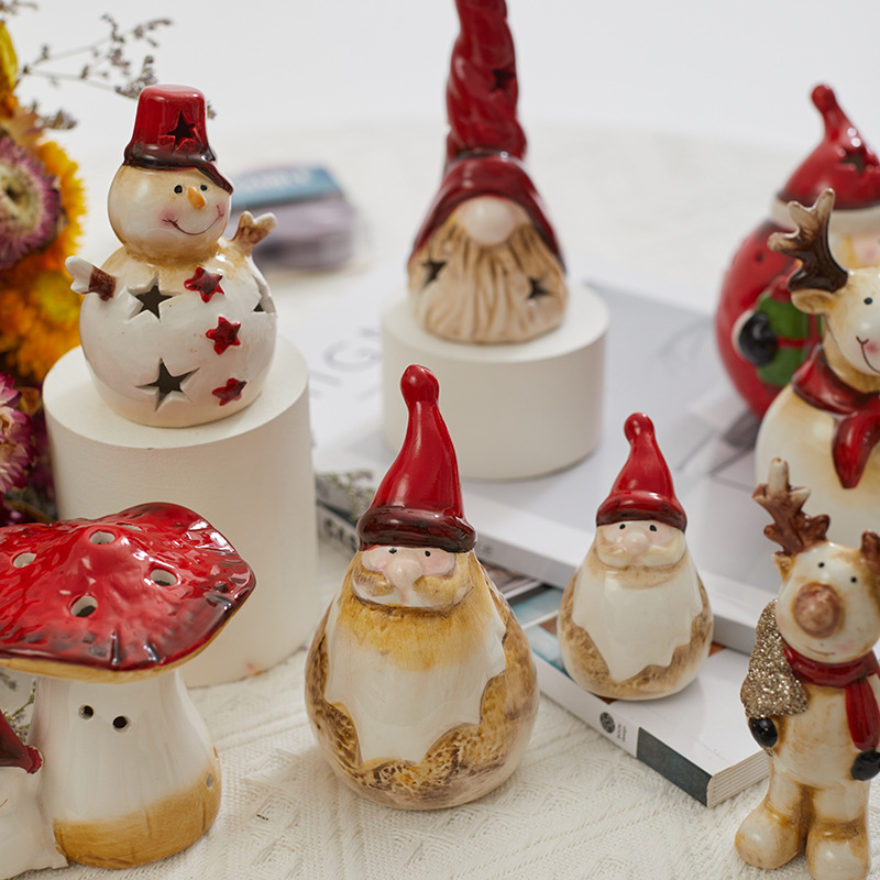 Nuevos productos transfronterizos de Navidad cerámica retro decoración de nieve hombre viejo alce escritorio con luces decorativas regalos
