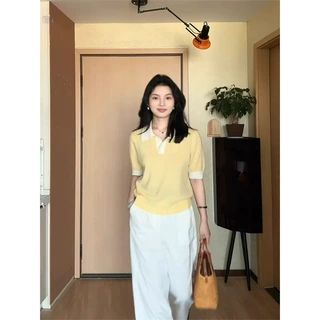 韩系chic别致黄色针织POLO衫短袖T恤女正肩夏季独特超好看上衣薄