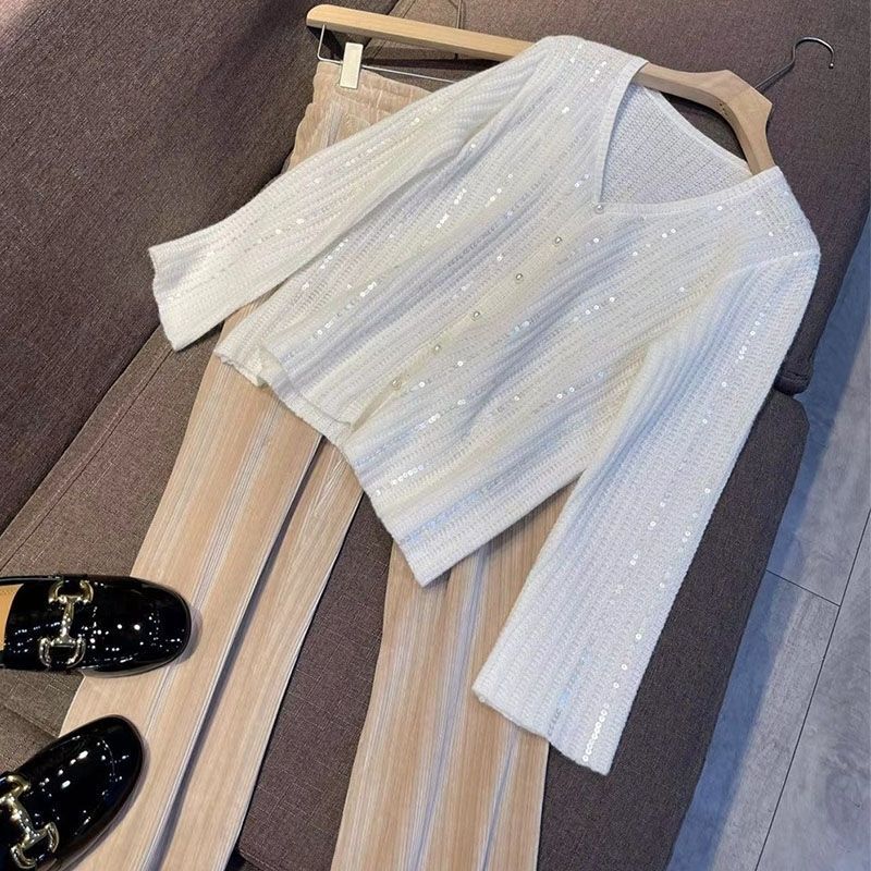 Plus-Size Sweater Set for Women, Autumn and Winter, Chanel-Style Sequin Collar Knit Cardigan and Wide-Leg Pants Two-Piece Set, New Arrivals