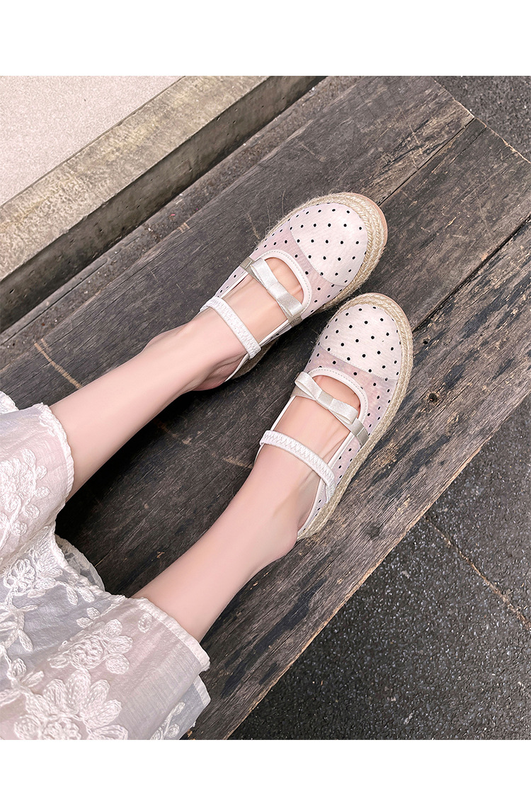 Xăng đan gót xuồng dệt đế dày 5cm bít mũi lưới phong cách nghỉ dưỡng — Lưới kim cương nóng, Lưới chấm bi, Lưới chi tiết 10