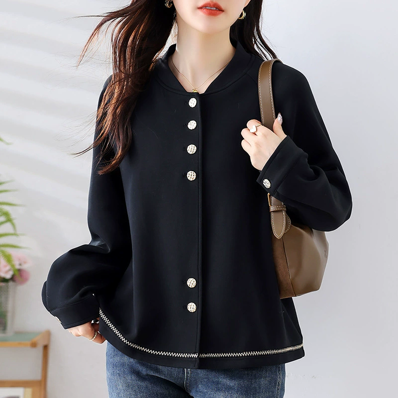 Black baseball uniform, autumn short jacket, Chanel style, oversize, plus size