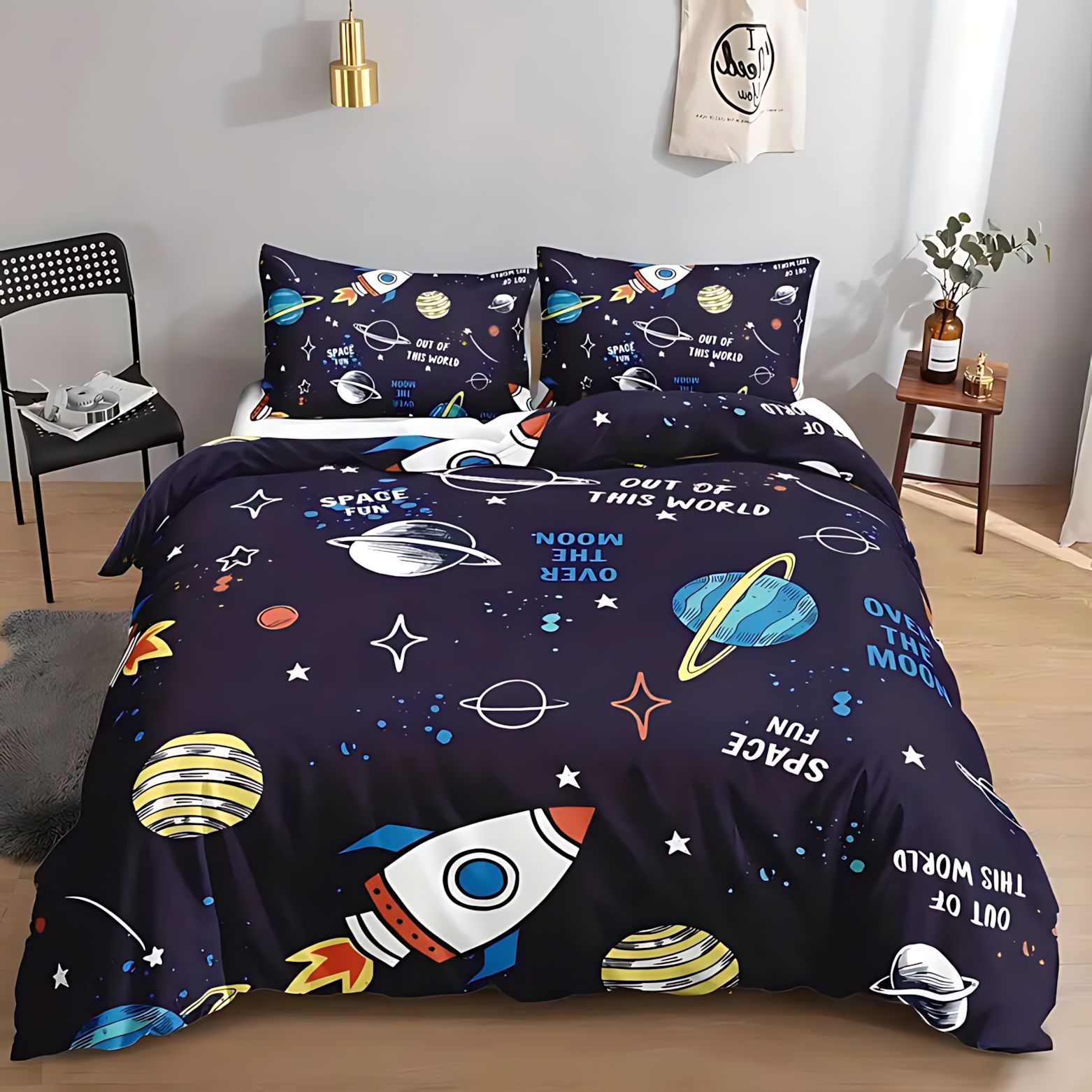 TEMU / JIT transfronterizo dibujos animados tema espacial impresión digital HD suave edredón transpirable kit de funda de almohada