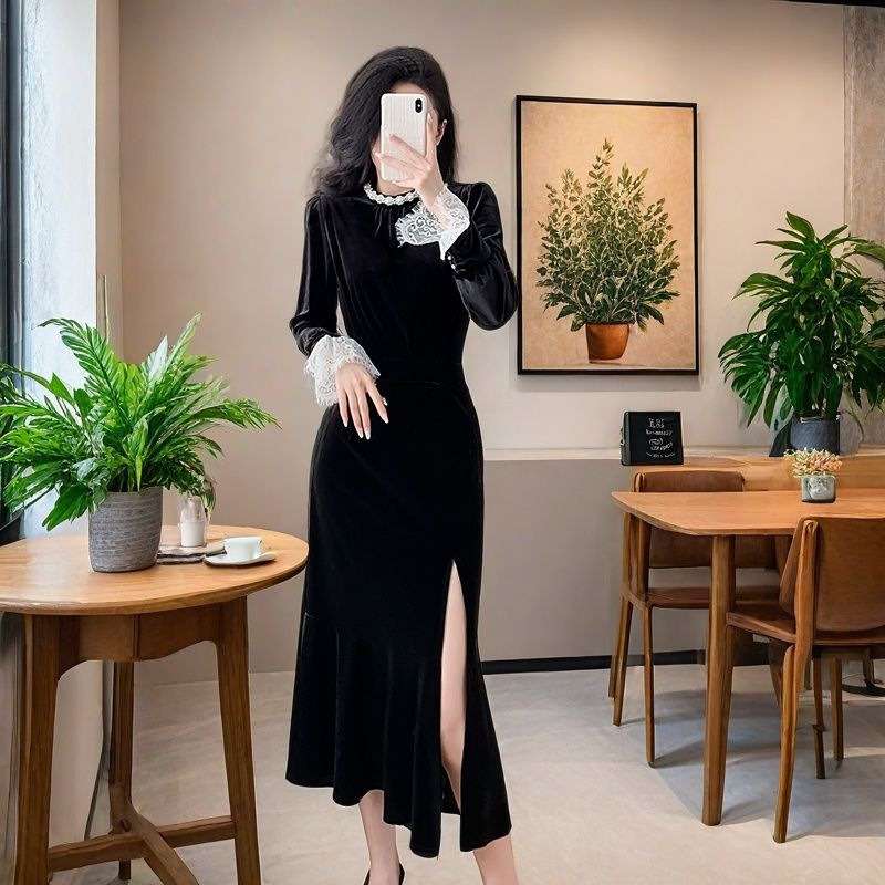 黑色丝绒连衣裙女2025秋冬新款法式复古赫本风包臀开叉鱼尾长裙子|undefined