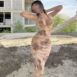 透明深V吊带情趣连体衣羞耻衣情趣户外暴露调教外出女连衣裙印花