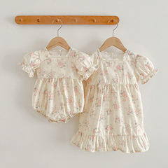 Baby clothes Korean style girls' one-piece crawl suit with lace trim collars and dresses for children, sister set summer dresses