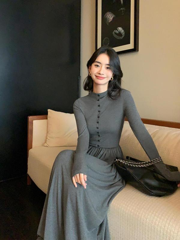 pusumede 私享时刻 黑色长袖针织连衣裙女收腰修身气质打底裙长裙|undefined