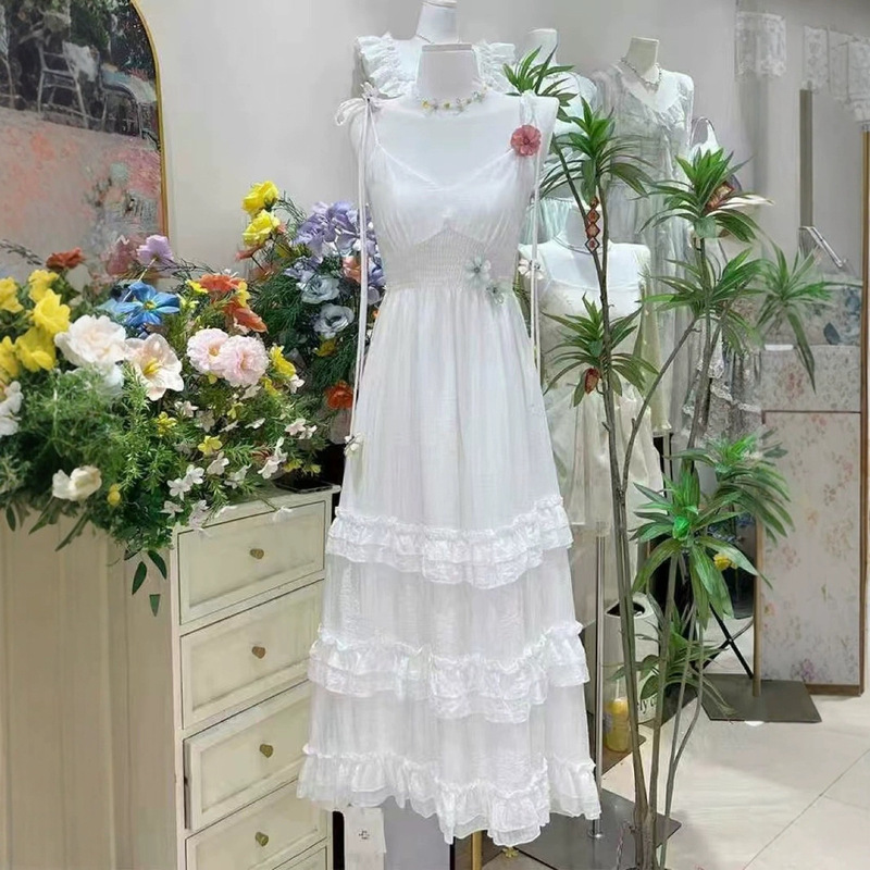 ミラノホリデーリゾートスタイルヘビーカンパンドレスレディースフレンチケーキスカート小花装飾春夏新作|undefined
