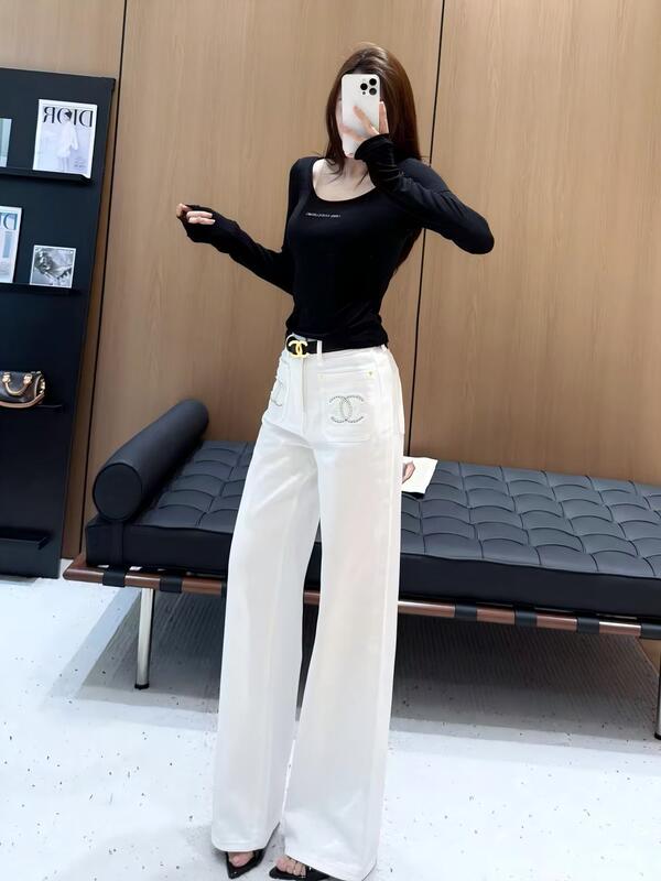 白色双口袋刺绣牛仔裤高腰显腿长阔腿裤南油女垂感直筒裤休闲百搭|undefined