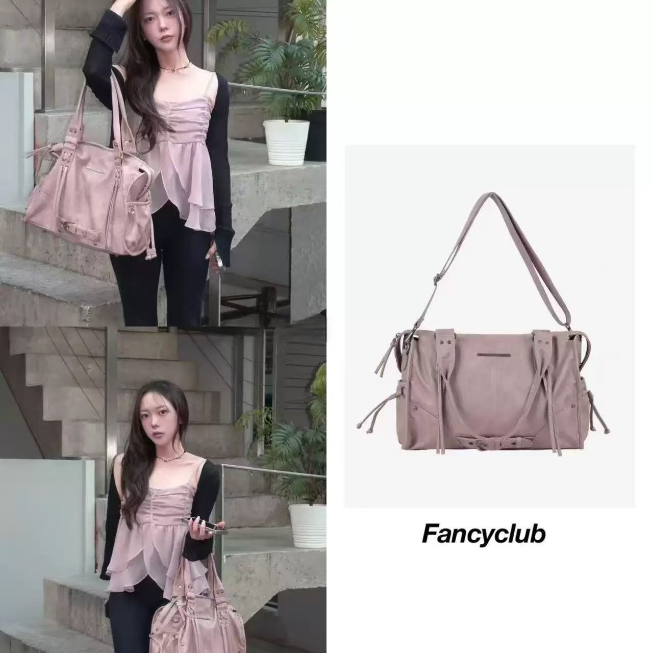 韩国小众雪允同款FANCY CLUB大容量复古单肩托特包铆钉绑带机车包