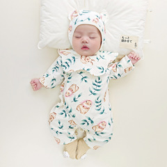 Newborn Four Seasons Pure Cotton Monastic Style Baby Belly Protector Long Sleeve Belted Boneless Hatin Spring Bodysuit Set