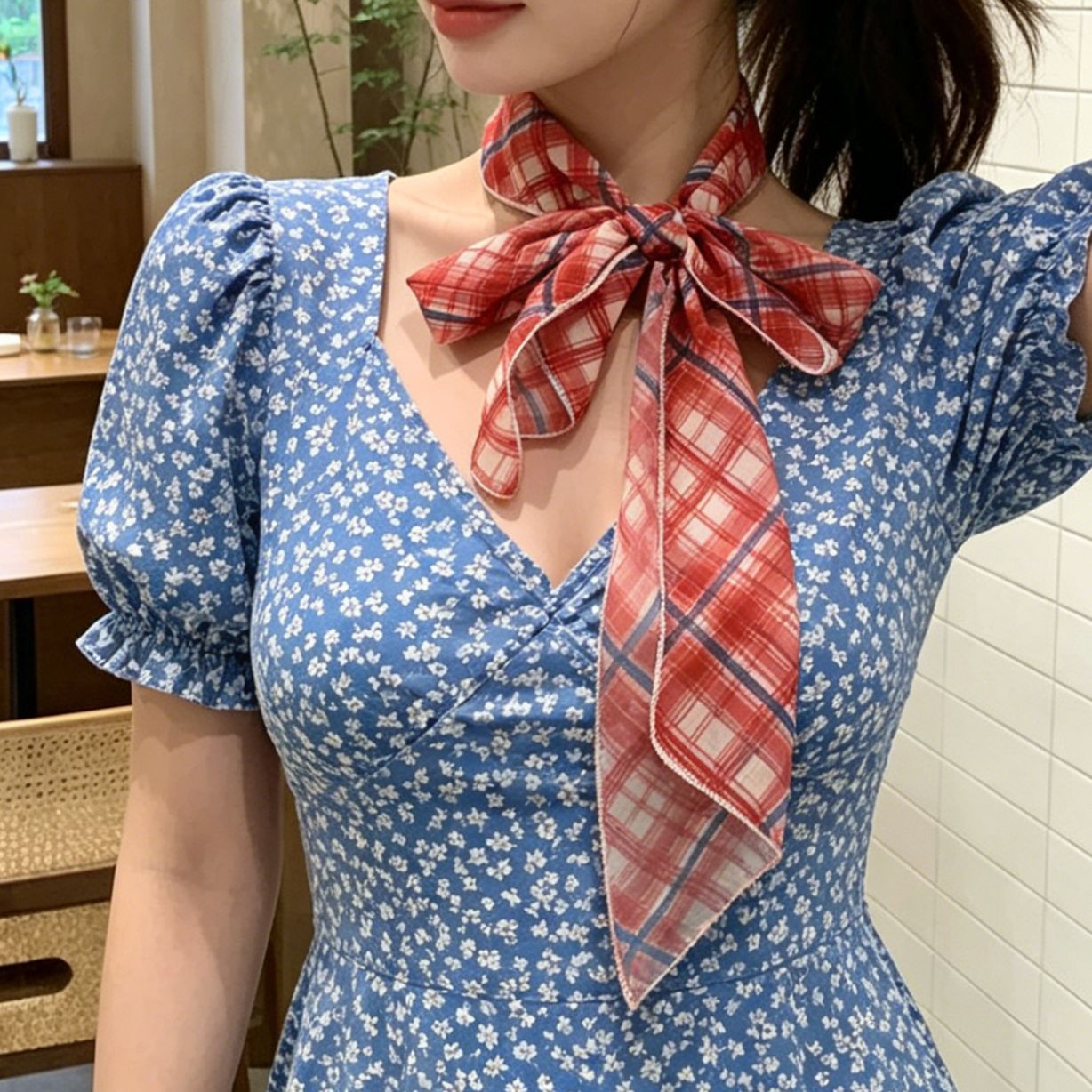 34# red and blue checkered light silk scarf-145cm