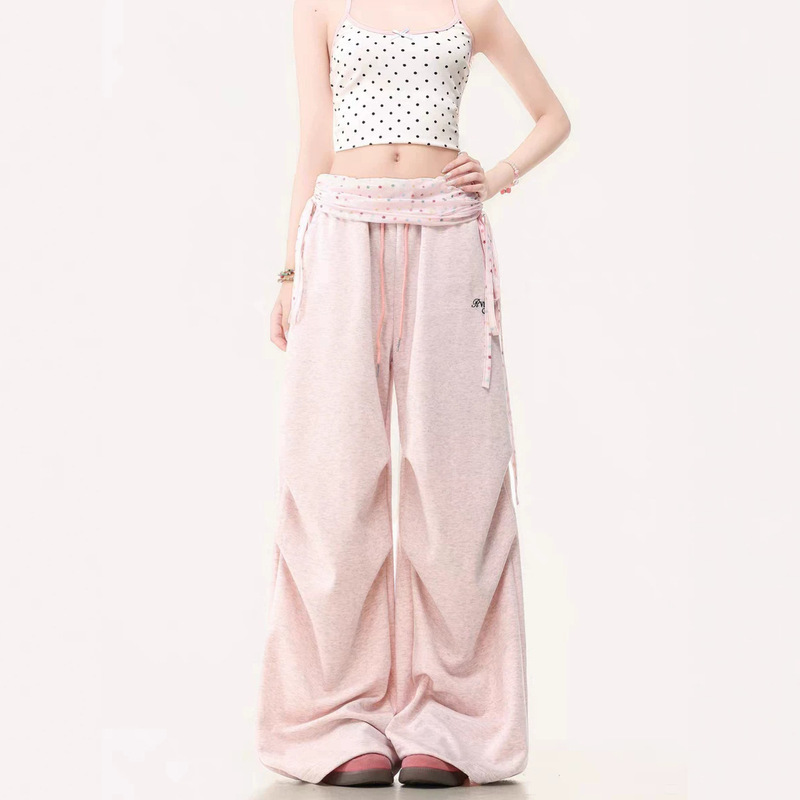 Korean-Style Sweet and Spicy Star-Patterned Cuffed Casual Sweatpants for Women, Summer Drawstring Pleated Design Straight Wide-Leg Pants Korean-Style Sweet and Spicy Star-Patterned Cuffed Casual Sweatpants for Women, Summer Drawstring Pleated Design Straight Wide-Leg Pants