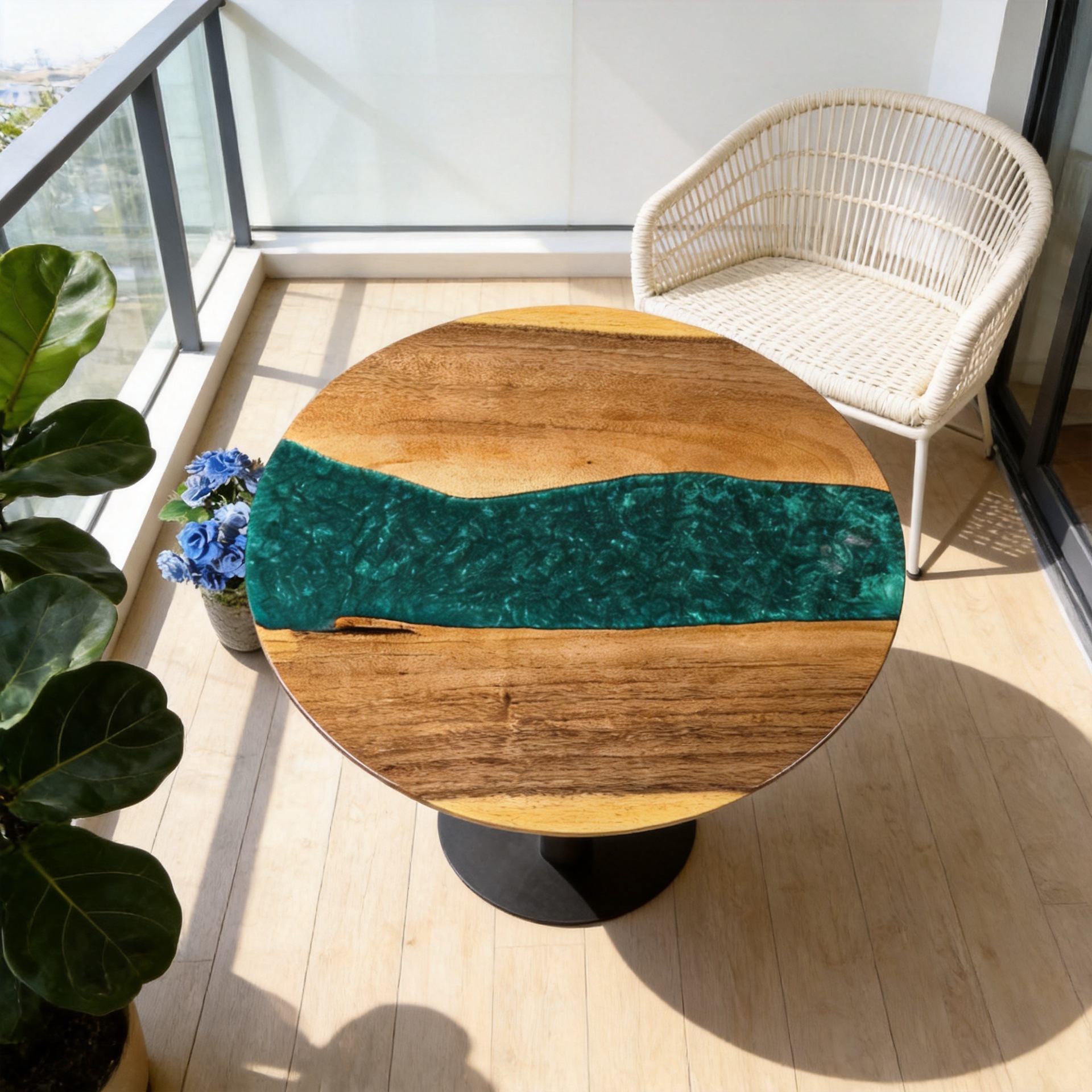 Green pearlescent epoxy resin South American walnut coffee table, small round table, balcony tea table