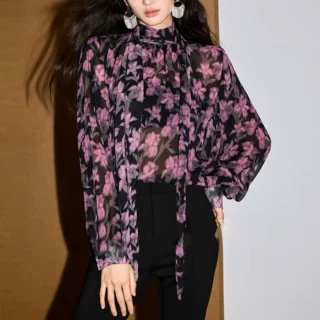 2026秋季奢美花团锦簇印花飘逸顺纡绉｜法式飘带领优雅衬衫25758