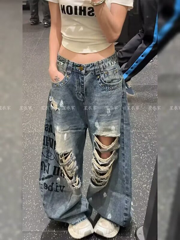 BeerBro celebrity-style punk ripped and splattered ink print distressed loose-fitting slimming wide-leg jeans BeerBro celebrity-style punk ripped and splattered ink print distressed loose-fitting slimming wide-leg jeans