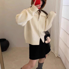 高级感时尚翻领双拉链毛衣外套女秋冬新款宽松纯色拉链针织开衫女