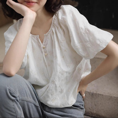 【在庫あり】1313 フレンチ絶妙かぎ針編み 90% クールテンセル ランタンスリーブ 半袖 シフォンシャツ トップス レディース 夏