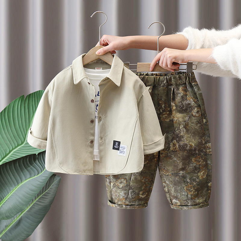 7651 traje de camisa para niños primavera y otoño ropa occidental 2025 nuevos pantalones coreanos de primavera para niños de dos piezas