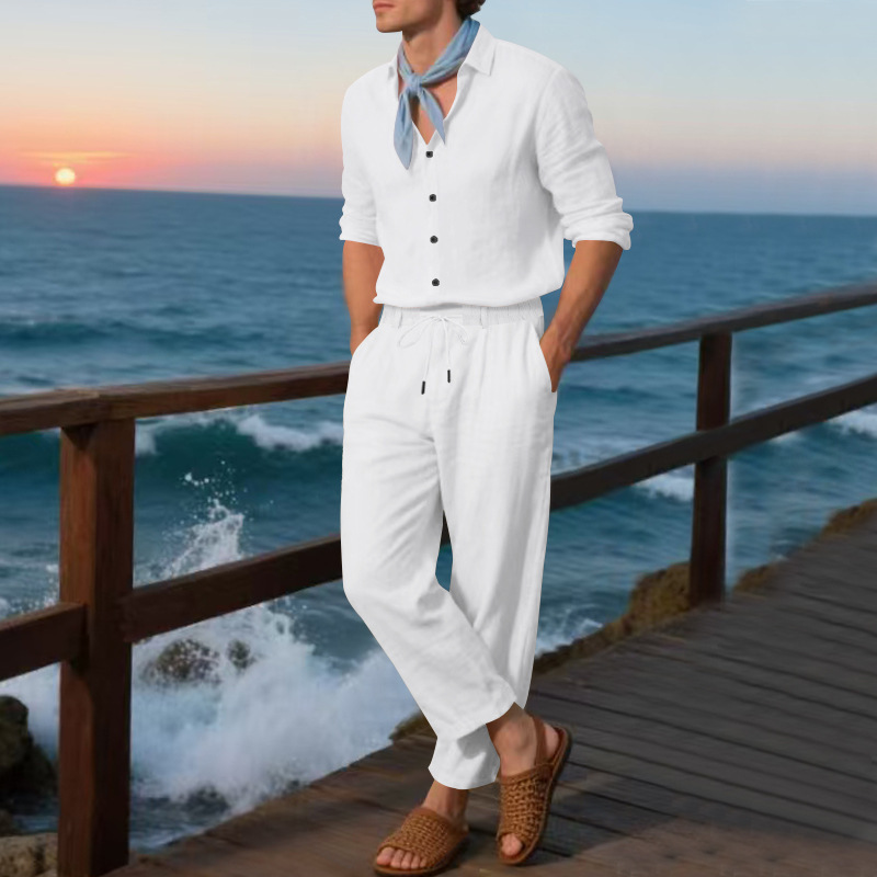 Herren Anzug Aus Leinen Mit Langarmhemd Und Hose Für Den Herbst_voghion.com