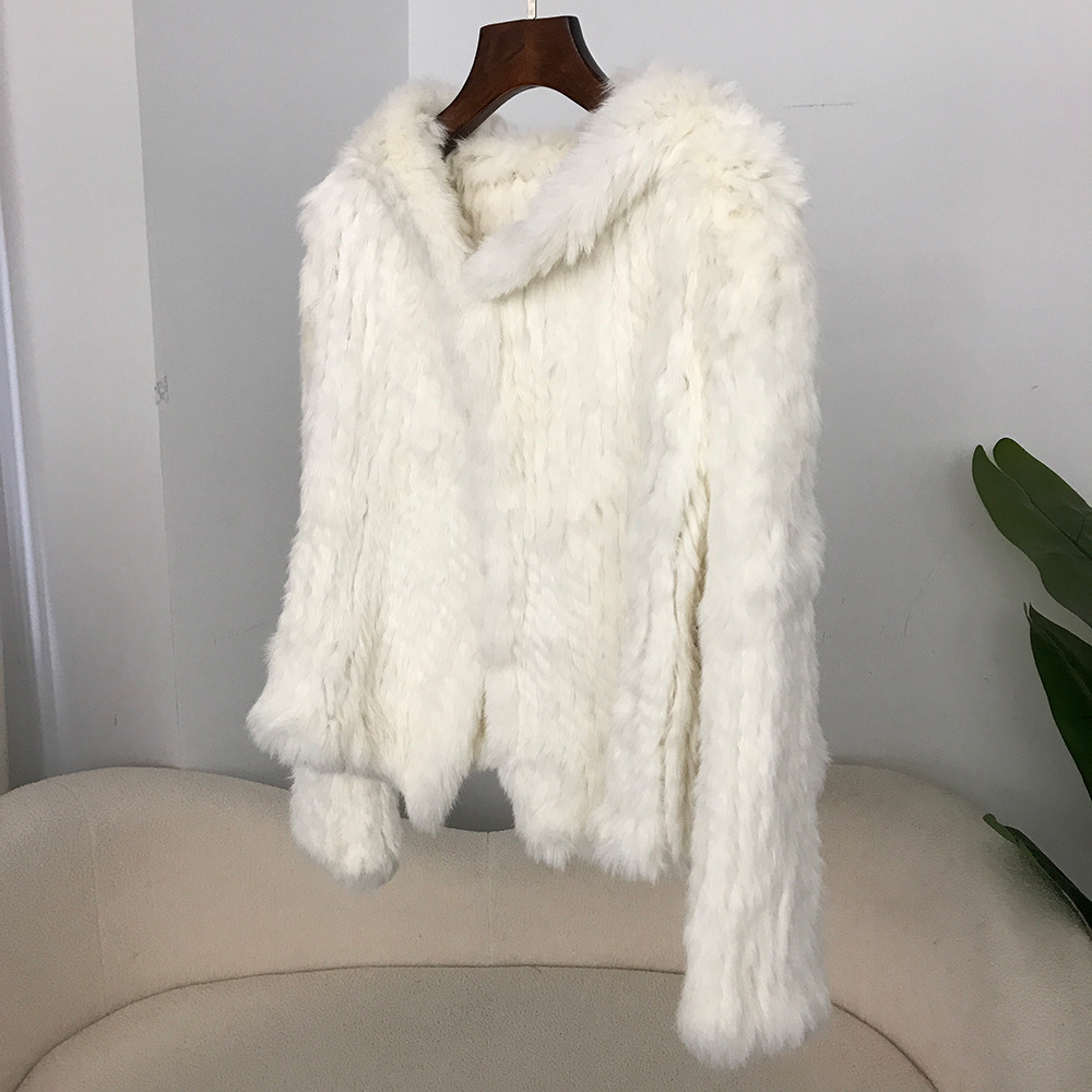 Abbigliamento da donna Nuovo autunno e inverno Criptato ispessito fatto a mano a doppia faccia tessuto con cappuccio corto in pelliccia di coniglio per le donne stile giovane_voghion.com