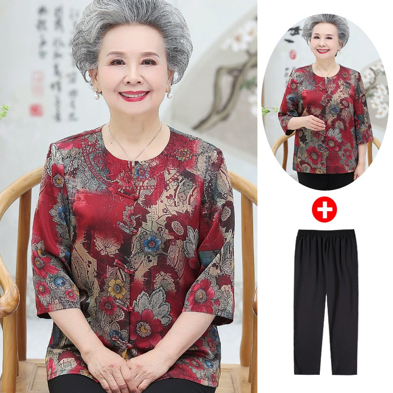 Пожилые люди имитация шелковых рубашек женская жена праздничная весенняя одежда малый размер топ 70 лет 80 бабушка летняя одежда