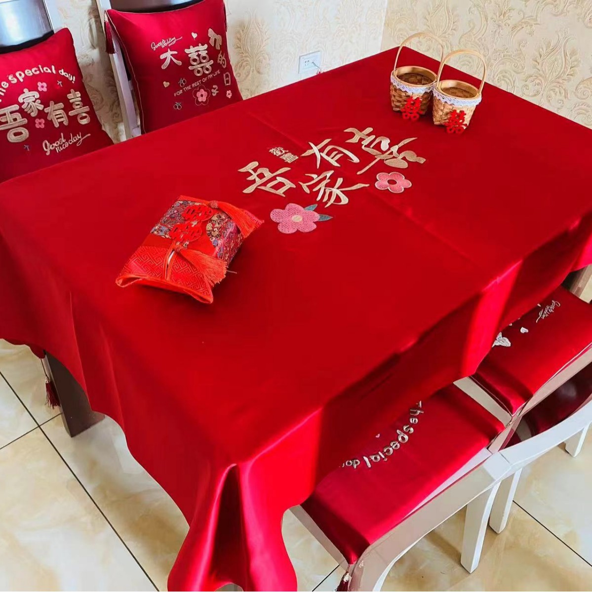Tela de mesa de bodas, bandera de boda, mesa de té, tela roja china, ropa de mesa bordada, artículos de boda