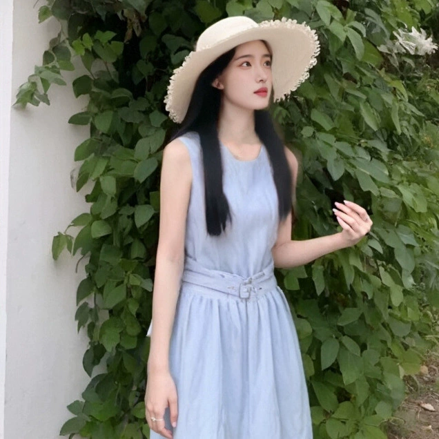 2025 новый стиль для женщин, миниатюрная элегантная синяя юбка-трапеция, летнее платье-жилет без рукавов для стройного силуэта