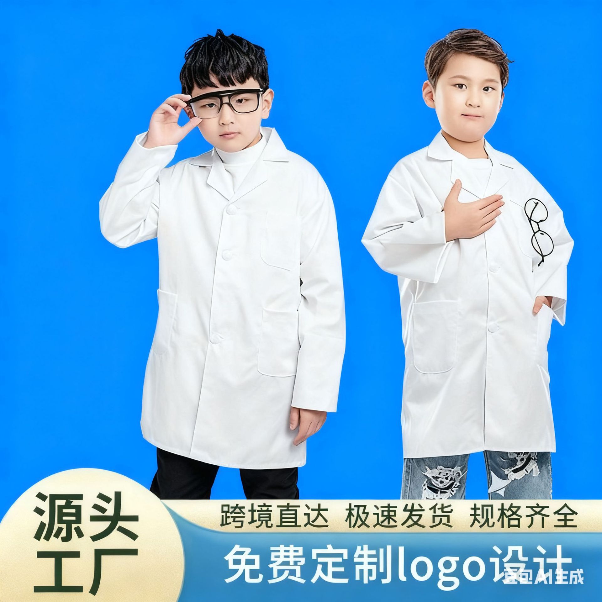 Cross-Border Children's White Coat Doctor Uniform Primary School Student Science Lab Coat Role Play Doctor Work Performance Uniform