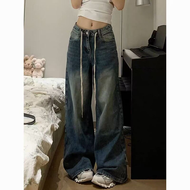 American-Style Vintage Washed Drawstring Design Jeans for Women, High-Waisted, Loose Fit, Slimming Straight-Leg Wide-Leg Floor-Length Pants American-Style Vintage Washed Drawstring Design Jeans for Women, High-Waisted, Loose Fit, Slimming Straight-Leg Wide-Leg Floor-Length Pants