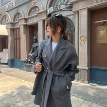 新款双面山羊绒大衣女经典简约优雅短款双排扣西装领廓形系带外套