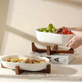 跨境水果盘实木架陶瓷水果盘创意零食点心盘家用客厅干果盘置物架