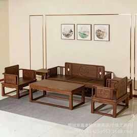 仿古新中式老榆木沙发禅意多人位别墅客厅木质沙发组合茶桌罗汉床