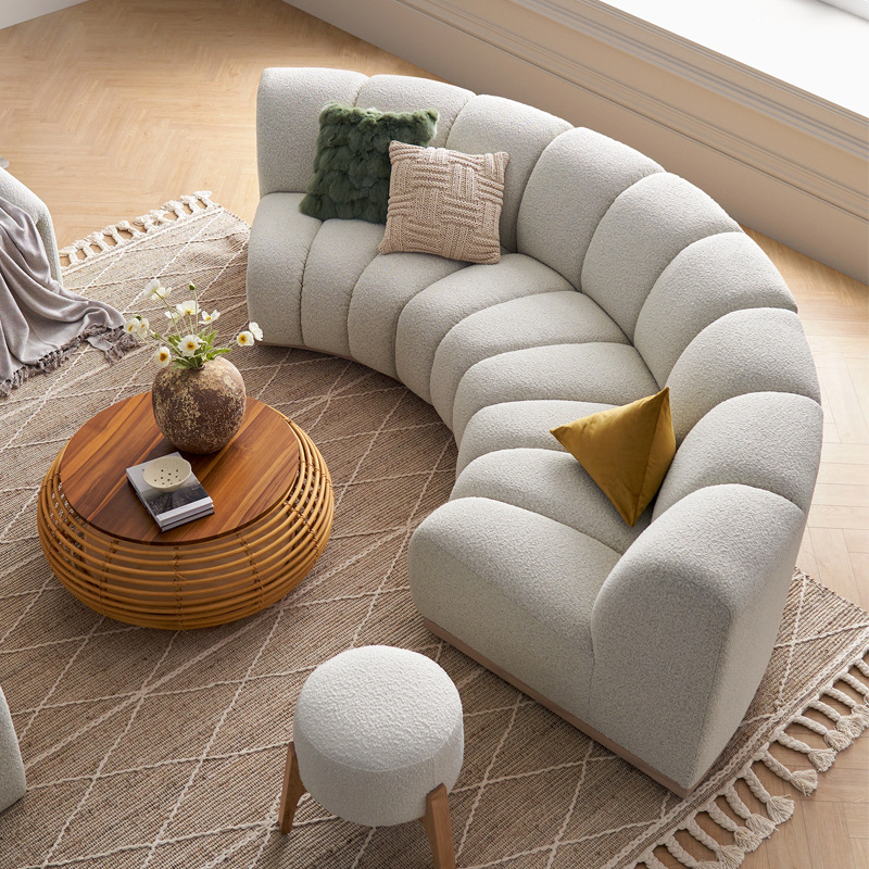 Nordic Style Cream Arc Fan-shaped Lamb Fleece Modular Sofa Italian Style Corner Living Room Sofa for Small Apartment
