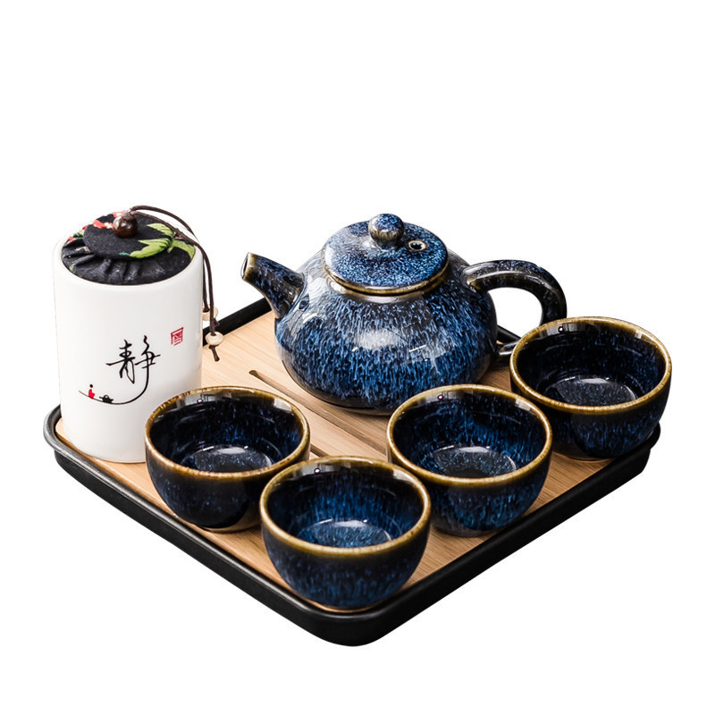 Ceramic Tea Set Small Set with Teapot for Home Use, Complete Kung Fu Tea Set, Portable Tea Tray, Tea Canister, Small Size for Dormitory