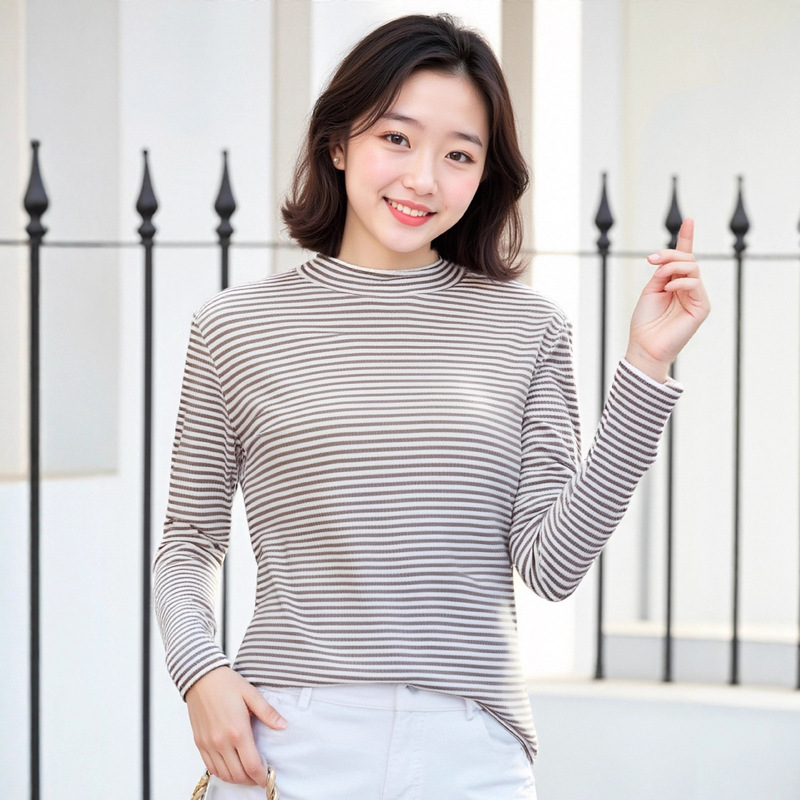 秋冬洋气条纹半高领打底衫女新款条子德绒中领长袖薄款内搭秋上衣|undefined