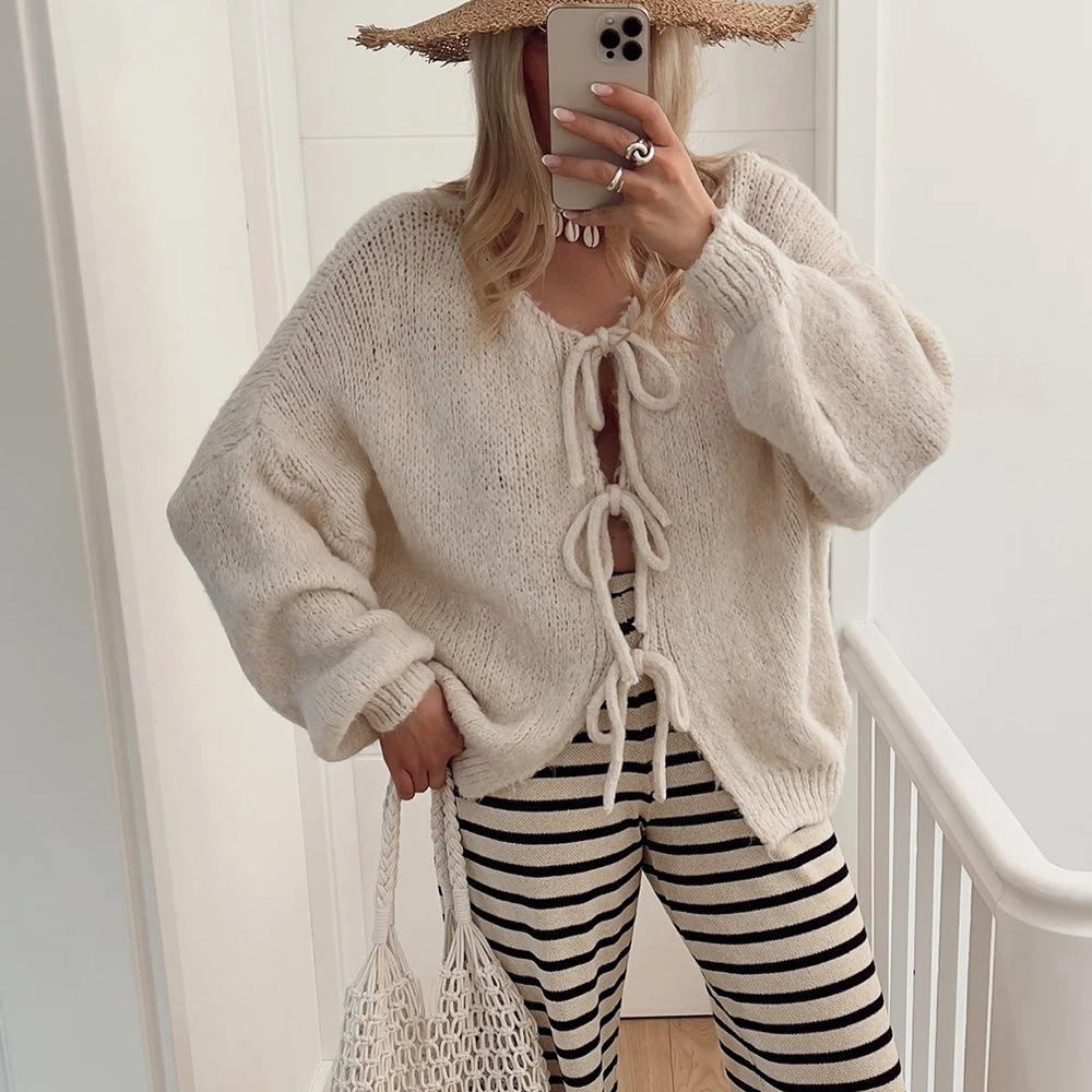 491g Weight Long Sleeve Sleeve Length Tie Placket Type Polyester Fabric Type Regular Top Length Cardigan, Sweater Tops Type Daily Occasion U Neck Neckline Loose Fit Type Solid Color Pattern Spring, Autumn Season Women's Gender Casual, Elegant Style Wholesale Women's Casual Elegant Solid Color Long Sleeve Sweaters & Cardigans 4
