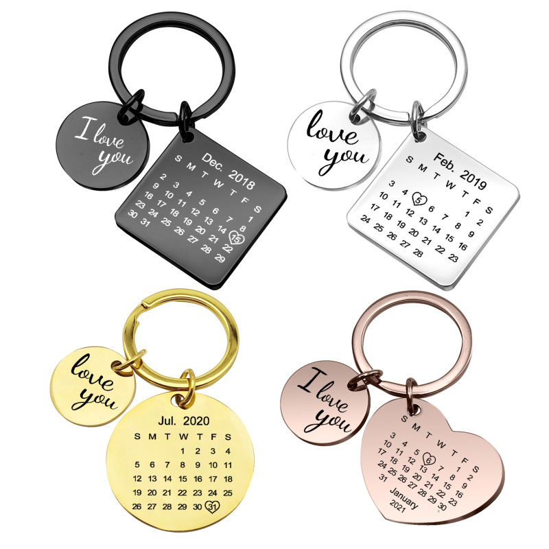 Heart-shaped square round couple's birthday anniversary private personalized photo engraving calendar stainless steel keychain