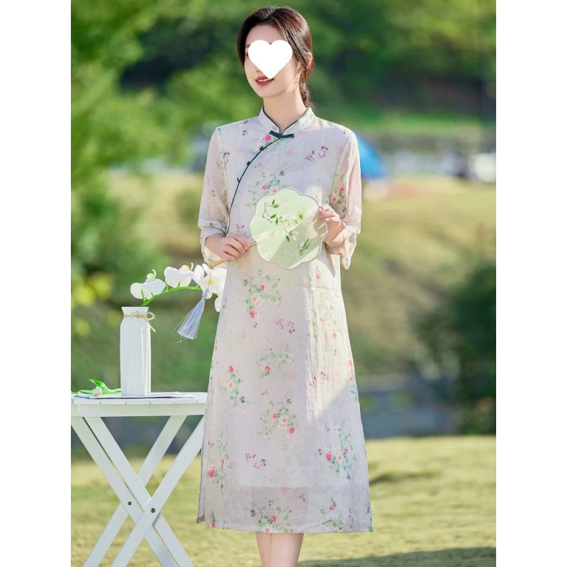 Этнический стиль, нежный темперамент, модное и универсальное платье средней длины из рами, легкое и тонкое летнее женское улучшенное платье в китайском стиле.