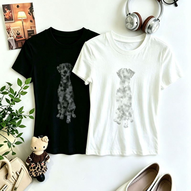 In Stock/A*T Cotton and Linen Regular Shoulder Round Neck T-Shirt with Small Flutter Sleeves and Vintage-Style Dalmatian Print! In Stock/A*T Cotton and Linen Regular Shoulder Round Neck T-Shirt with Small Flutter Sleeves and Vintage-Style Dalmatian Print!