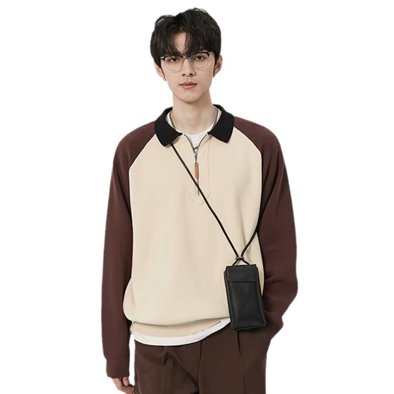 Coreano de contraste de color semia cremallera polo collar pullover casual hombre otoño y invierno nuevo abrigo con solapa