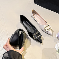 2024 New French Fragrant Style Elegant Single Shoes Women's Pointed Square Buckle Flat Shoes Women's Shallow Mouth Soft Bottom Ladle Shoes