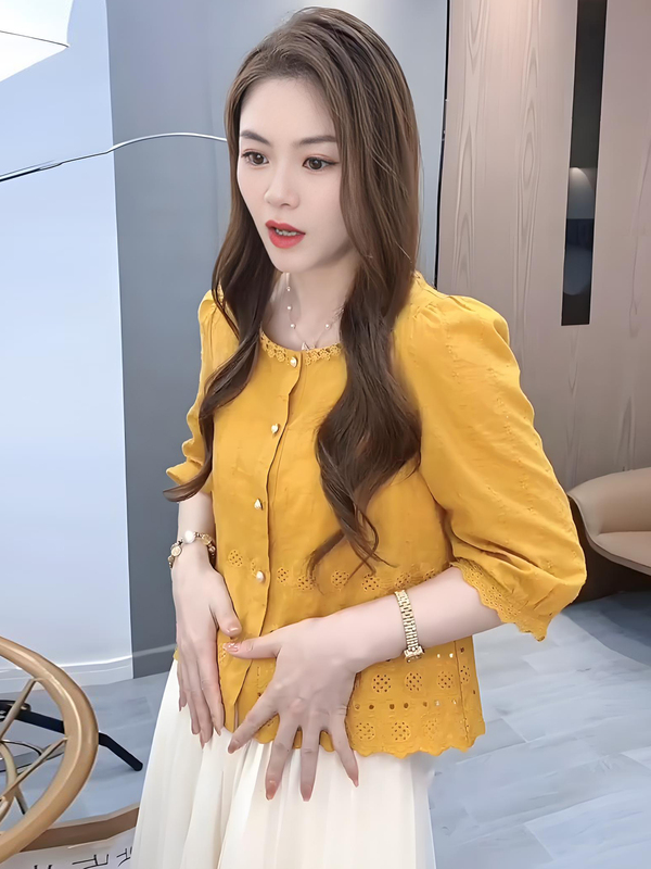 甜美时尚长袖衬衫女洋气七分袖镂空上衣早秋爆款休闲宽松拼接衬衣|undefined
