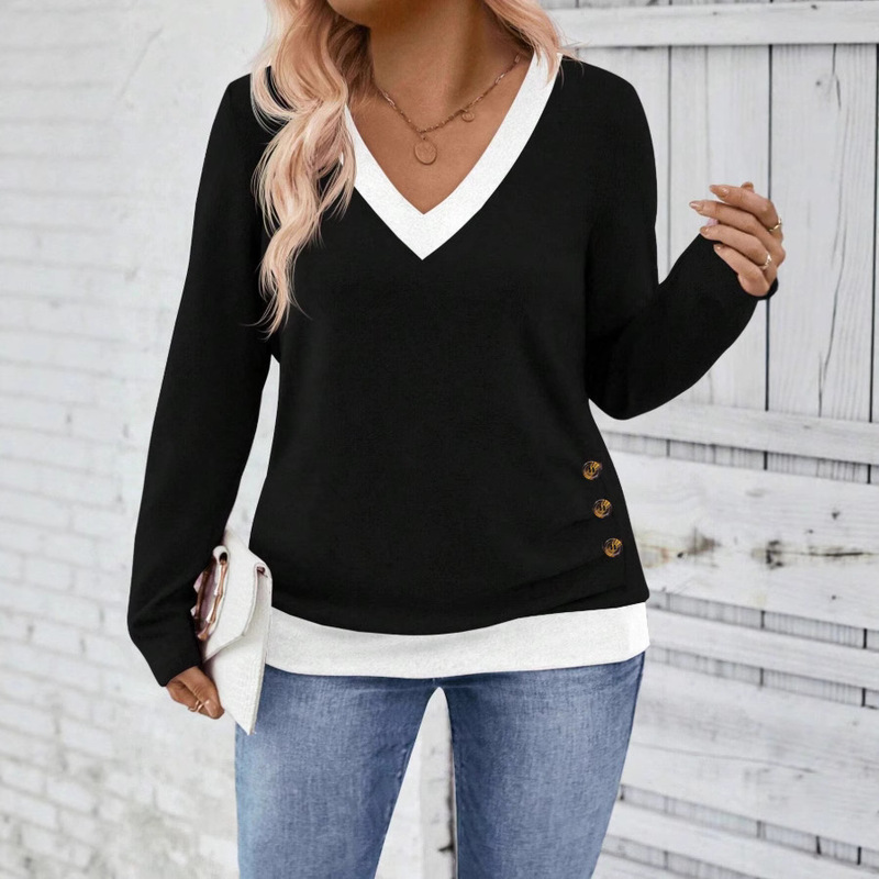 Amazon European and American Women's Casual Plus-Size V-Neck Color-Block T-Shirt, Fashionable for Everyday Wear, Comfortable and Casual