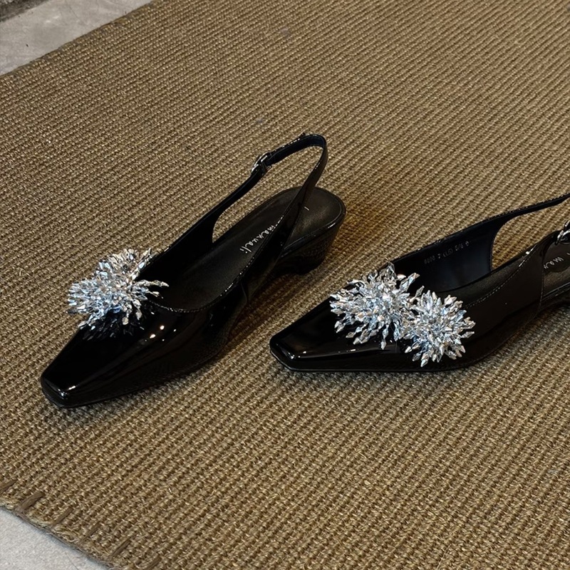 シープスキンバージョン〜フレンチスタイルメタルフラワーチャンキーヒールトゥサンダルレディースバックオープン浅口スクエアトゥメリージェーンシューズ|undefined