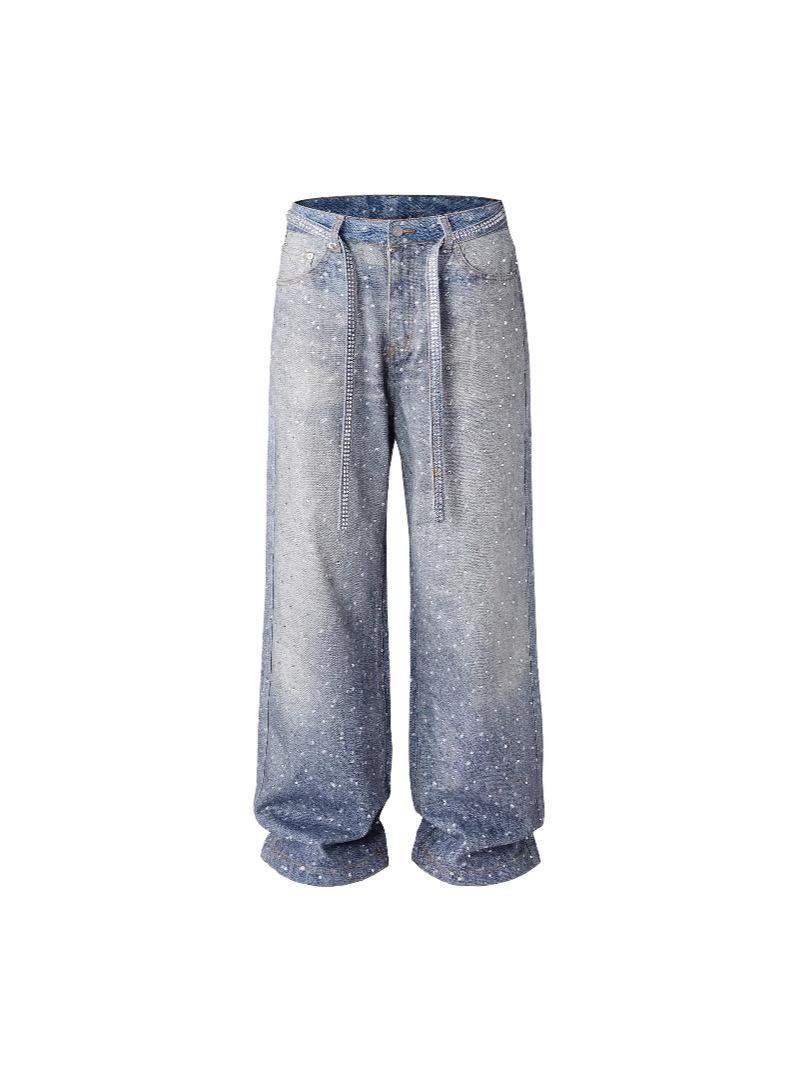 Jeans de Mezclilla de Algodón Lavados, Holgados y de Pierna Ancha con Pedrería, Q166 | Cinturón con Pedrería Incluido