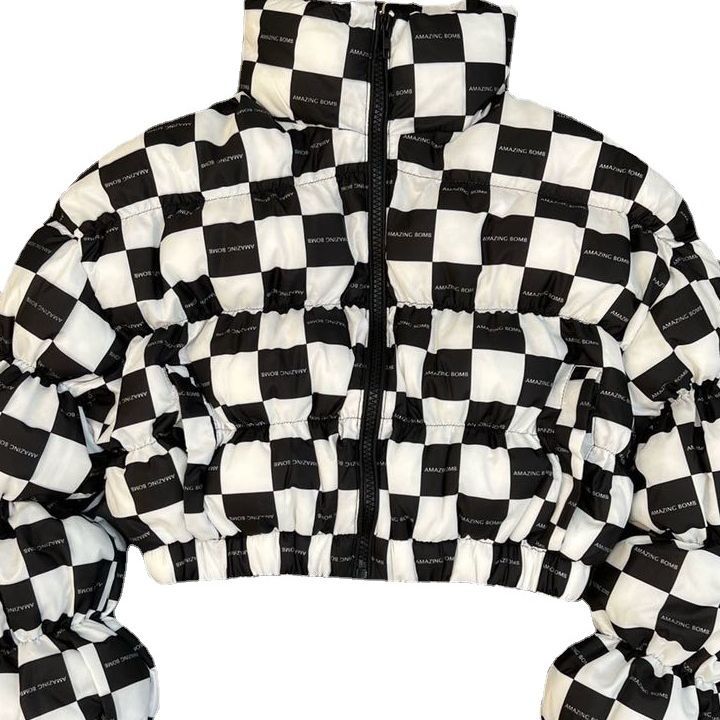 Niñas Invierno nueva ropa acolchada de algodón de estilo coreano collar de pie de manga larga de burbuja suelta elástico corto de moda cremallera ropa acolchada de algodón para niños