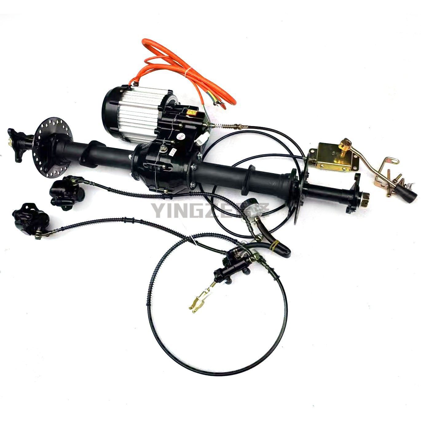 Modified four-wheel electric beach buggy kart parts: differential axle, transmission motor, rear axle, gear set, and dual disc brakes