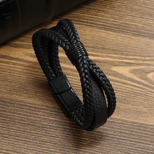 亚马逊跨境个性手工编织皮手链多层X字形时尚男款皮革皮手镯钛钢
