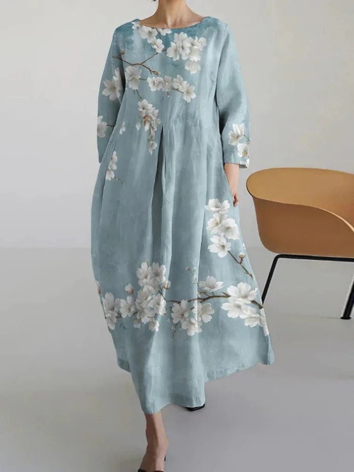 2025 European and American Clothing Amazon Independent Station Round Neck Long-Sleeved Digital Printing Dress Long Skirt Flowers